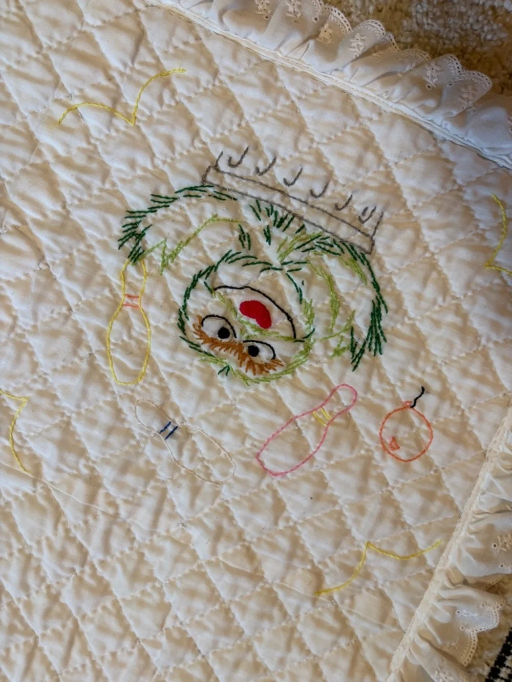 Vintage Sesame Street Embroidered Baby Blanket Cream Quilted Nursery Throw